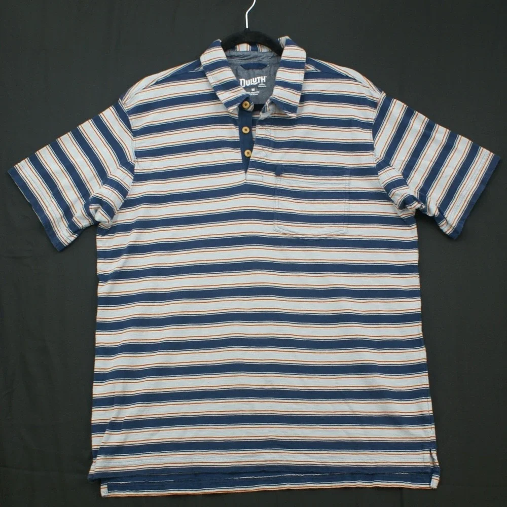 Duluth Trading Co Mens Relaxed Fit Striped Polo Shirt Blue Orange Size M